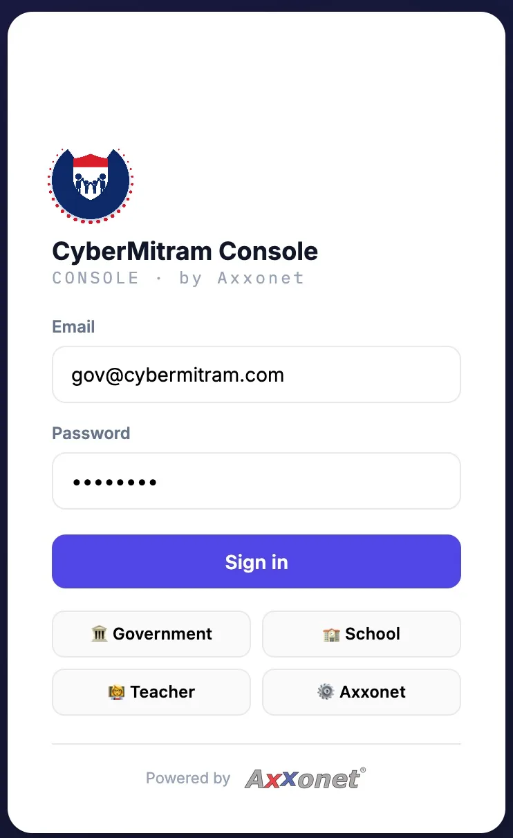 CyberMitram console sign-in with government, school, teacher and Axxonet roles